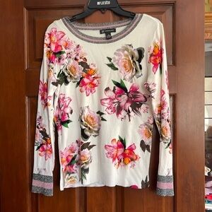 INC metallic trimmed floral sweater M